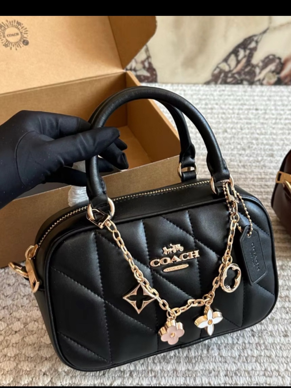 Coach Black Quilted Leather Crossbody with Gold Charm Chain